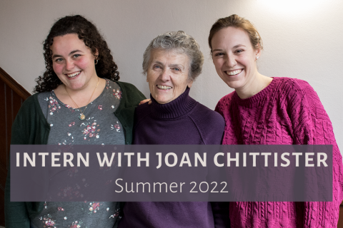 Joan Chittister with two former interns