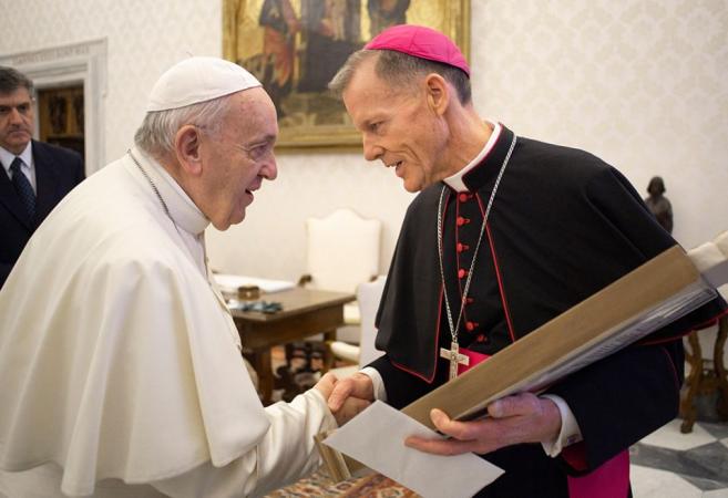 Pope Francis greets Archbishop John Wester of Santa Fe, New Mexico